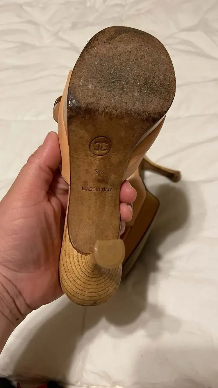 Chanel Vintage Wooden Platform Mule Heels in Beige Leather with CC Buckle Detail